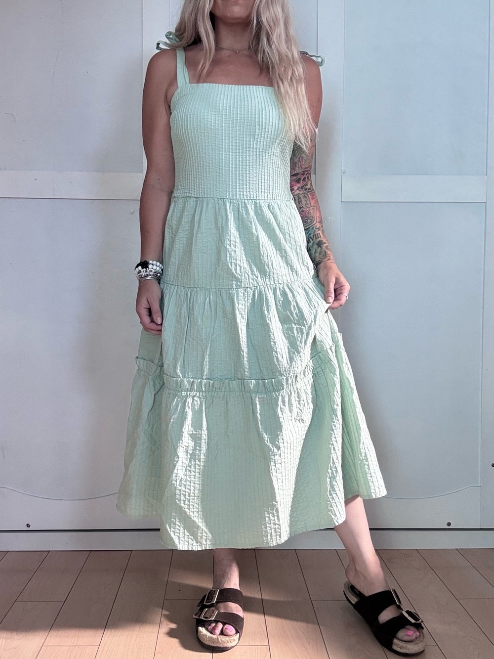 Topshop Cotton Light Mint Tie-Shoulder Tiered Sundress